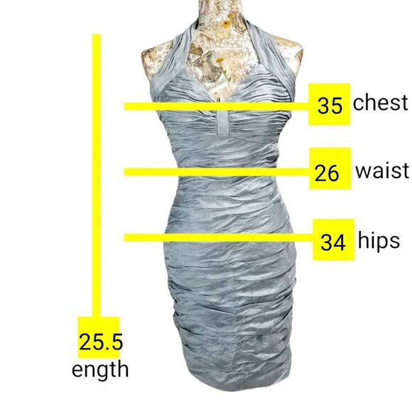 Formal Cocktail Dress Shiny Light Metallic Blue Halter Gathered Tight Bodycon - Picture 5 of 11